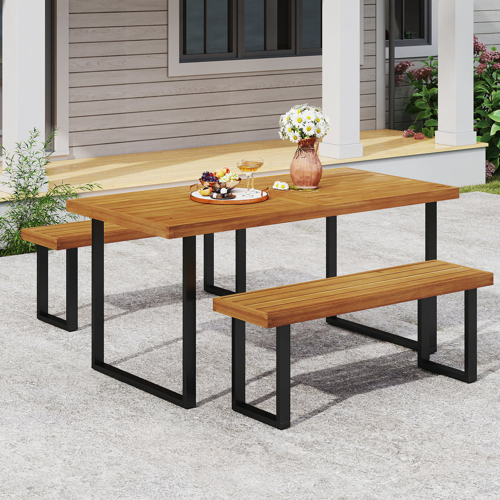 Patio dining table set featuring a 63” acacia wood table and two backless benches, perfect for outdoor gatherings.