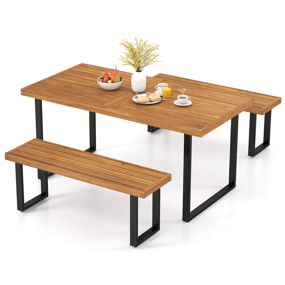 Rectangular 63” patio dining table set with acacia wood and metal base, includes 2 backless benches for outdoor dining.