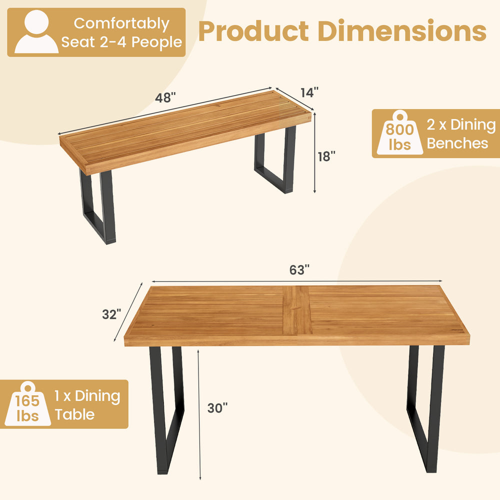 Dimensions of the 63” patio dining table and two backless benches, featuring acacia wood and metal base for stability.