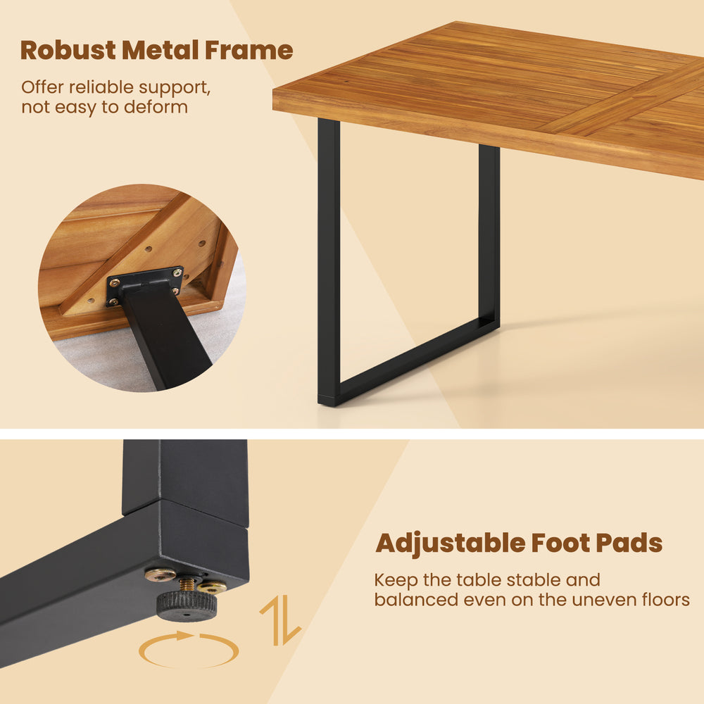 Close-up of the adjustable foot pad on the robust metal frame of the 63” patio dining table set for stability.