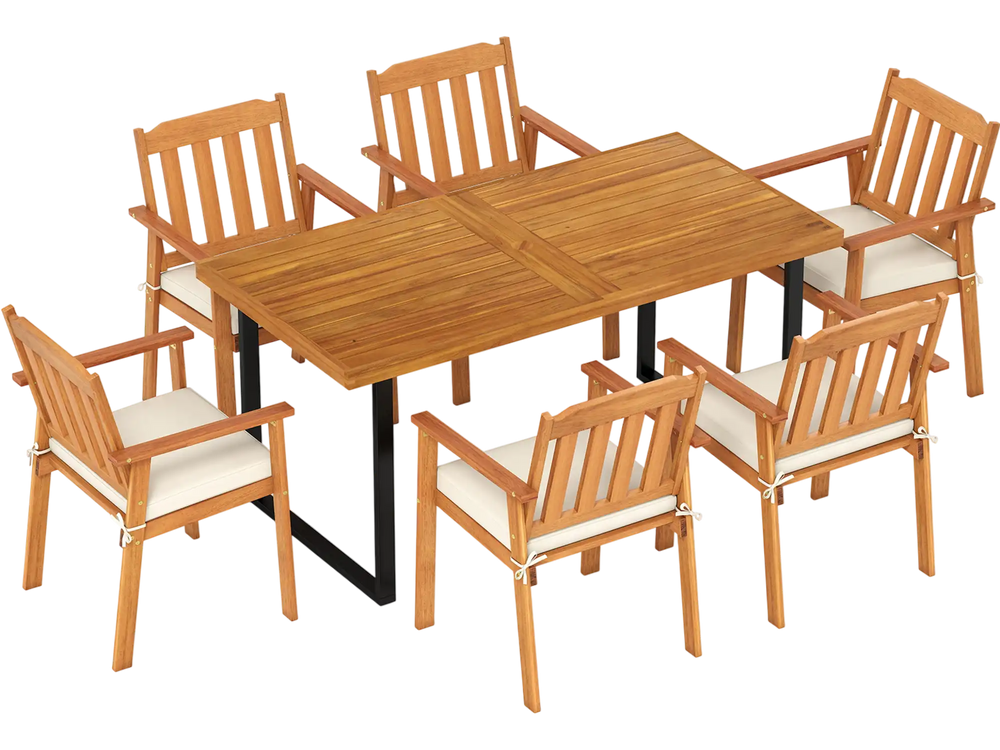 7 Pieces Patio Dining Table Set 63” Rectangle Table and 6 Acacia Wood Armchairs