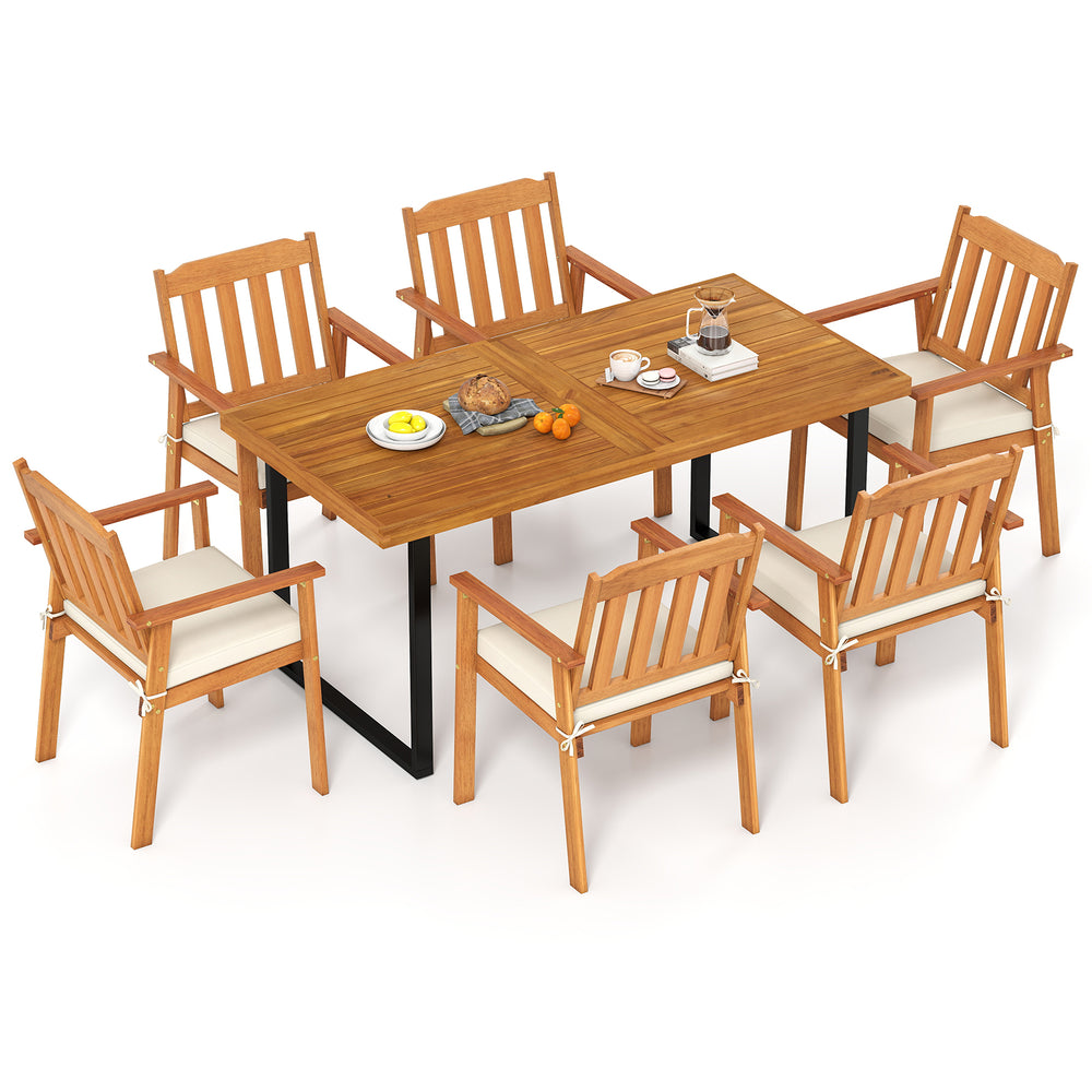 Top view of the 63” acacia wood dining table with 6 armchairs, showcasing rustic design and comfortable seating for.