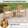 Acacia wood armchairs with removable cushions and slanted backrest, ideal for outdoor patio dining.