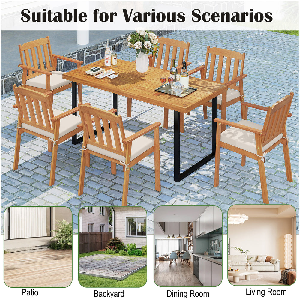 7-piece patio dining set featuring a 63” acacia wood table and 6 armchairs with removable cushions for outdoor comfort.