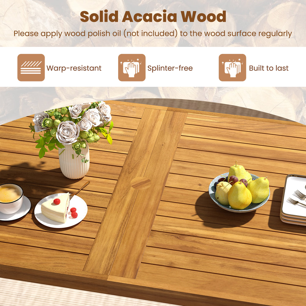 Solid acacia wood dining table with slatted design, featuring a 1.97” umbrella hole, ideal for outdoor patio use.
