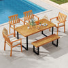 Patio dining set featuring a 63” acacia wood table, four armchairs, and a backless bench, perfect for outdoor.