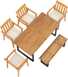 6 Pieces Patio Dining Table Set 63” Rectangle Table with 4 Acacia Wood Armchairs and Backless Bench