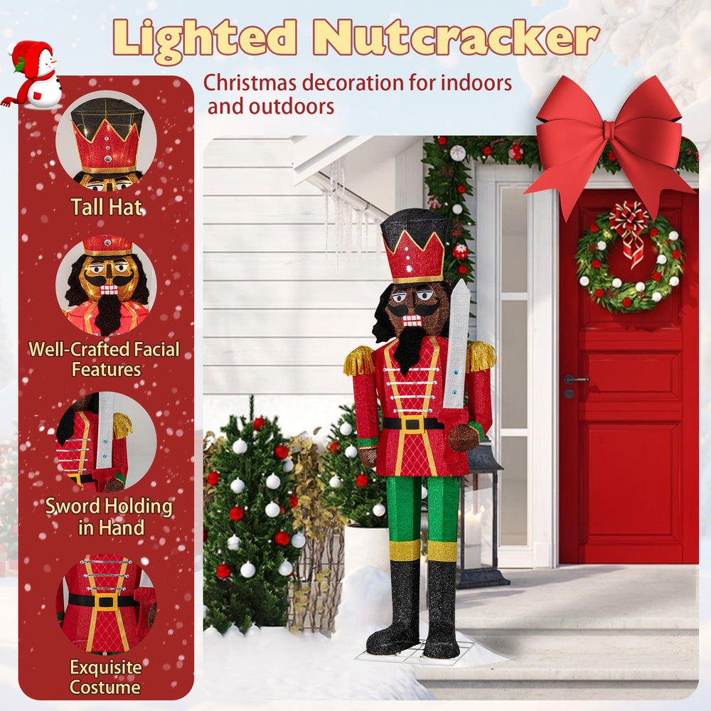 5 FT lighted Christmas nutcracker with tall hat and glitter sword, perfect for festive indoor and outdoor decoration.