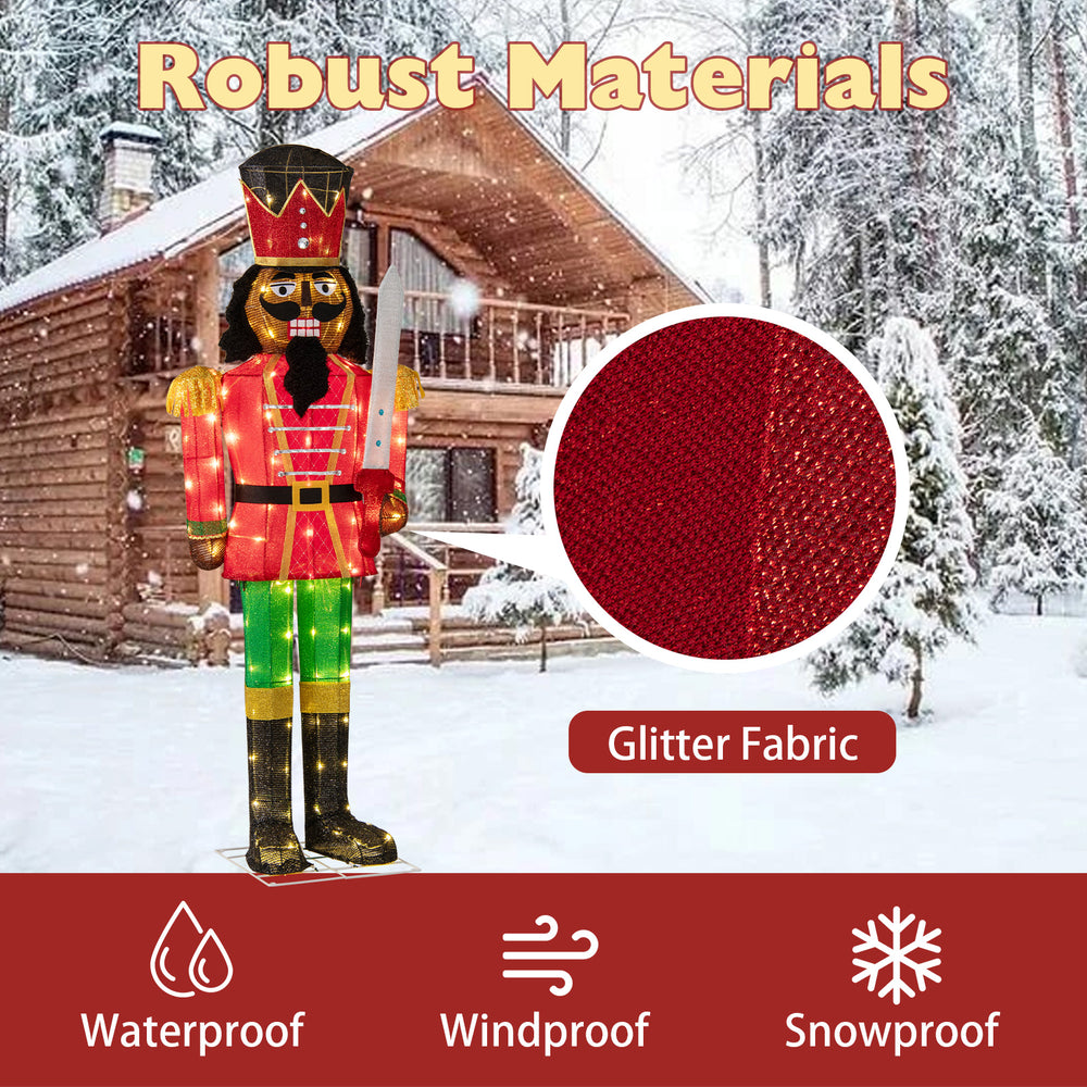 5 FT lighted Christmas nutcracker with glitter fabric, waterproof and windproof, perfect for festive indoor and outdoor.