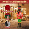 5 FT lighted Christmas nutcracker with glitter sword, featuring a powder-coated metal frame and 100 warm-white LED.