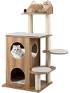 Side view of a 48-inch wooden cat tree with two round jumping platforms and a cozy top perch for playful exploration.