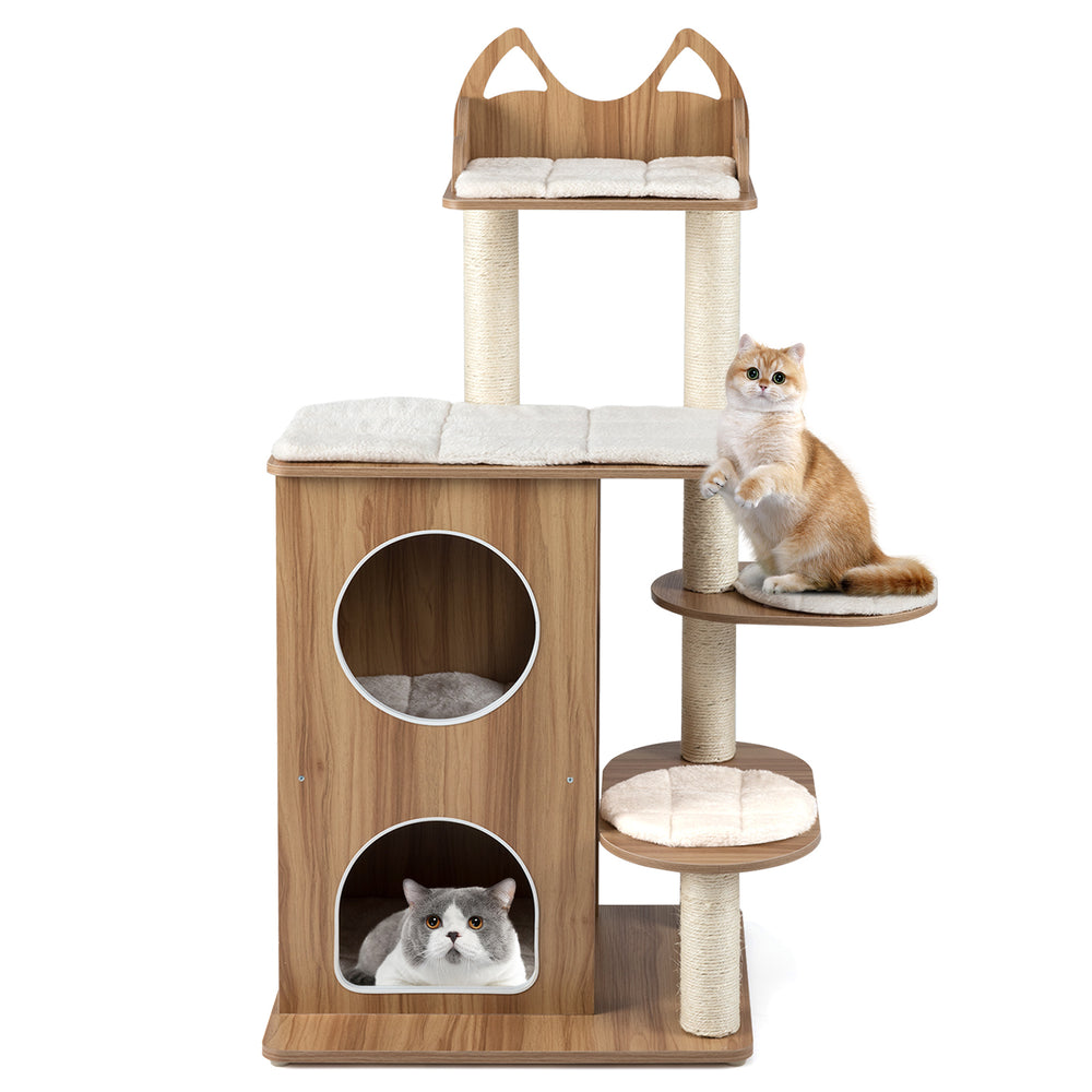 Front view of a 48-inch wooden cat tree featuring a cozy 2-floor condo and two round platforms for climbing and.