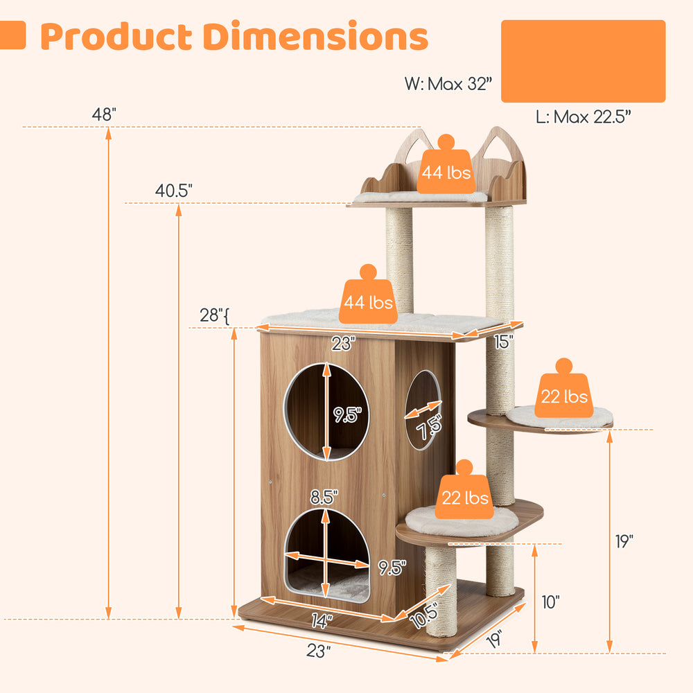 48-inch wooden cat tree with two-floor condo, sisal scratching posts, and washable cushions for multi-cat households.