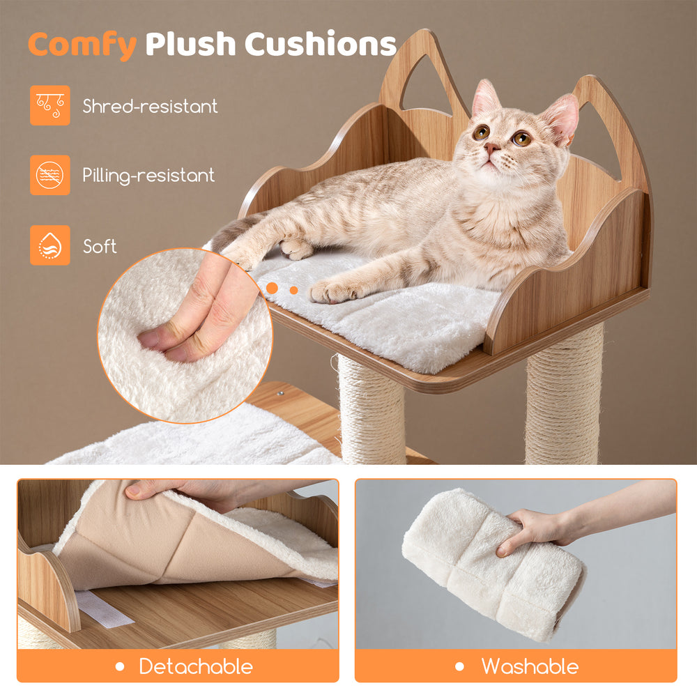 Comfy plush cushions on a 48-inch wooden cat tree with a natural finish, designed for multi-cat households.
