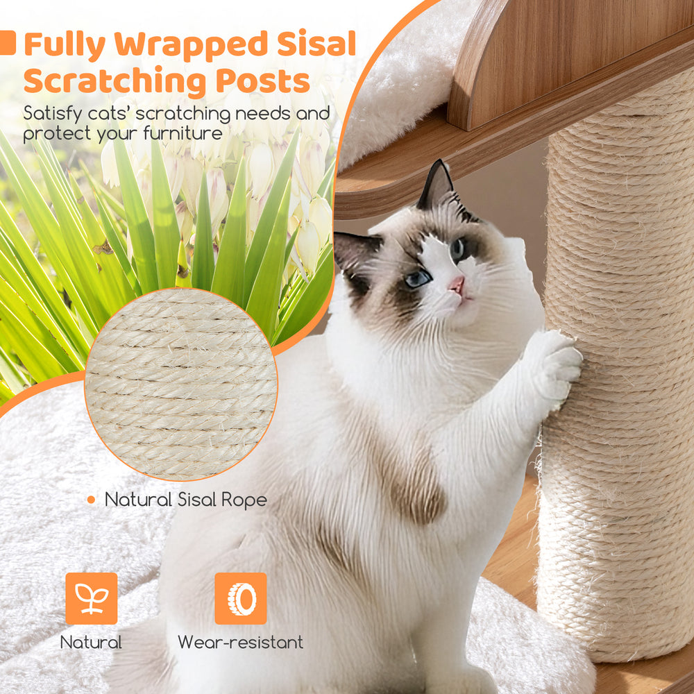 Natural sisal scratching post on a 48-inch wooden cat tree, perfect for satisfying cats' scratching needs.