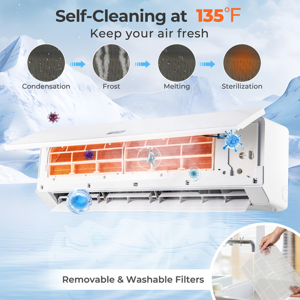 SEERXtreme Mini Split Heat Pump with self-cleaning feature, WiFi enabled, and removable washable filters for fresh air.