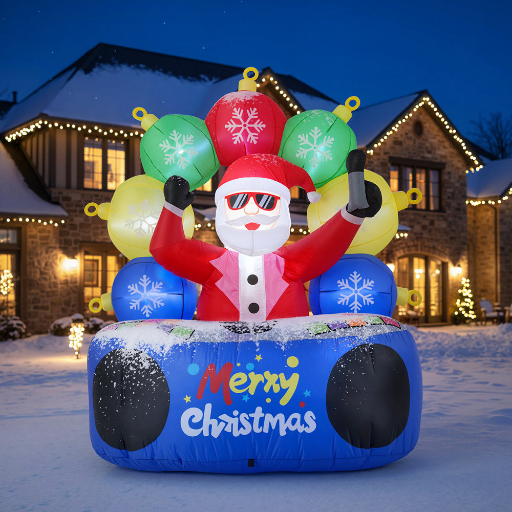 Inflatable DJ Santa with flashing LEDs and rotating music light, perfect for festive outdoor celebrations.