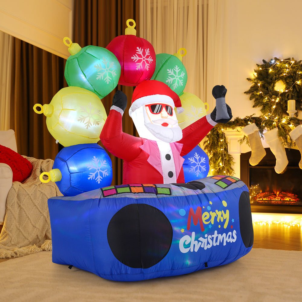 Inflatable DJ Santa with flashing LEDs and rotating music light, perfect for festive gatherings and outdoor.