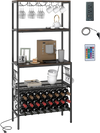 Rustic brown wine organizer with power outlet, 4-tier shelves, 24 bottle holders, and adjustable RGB lights for home.