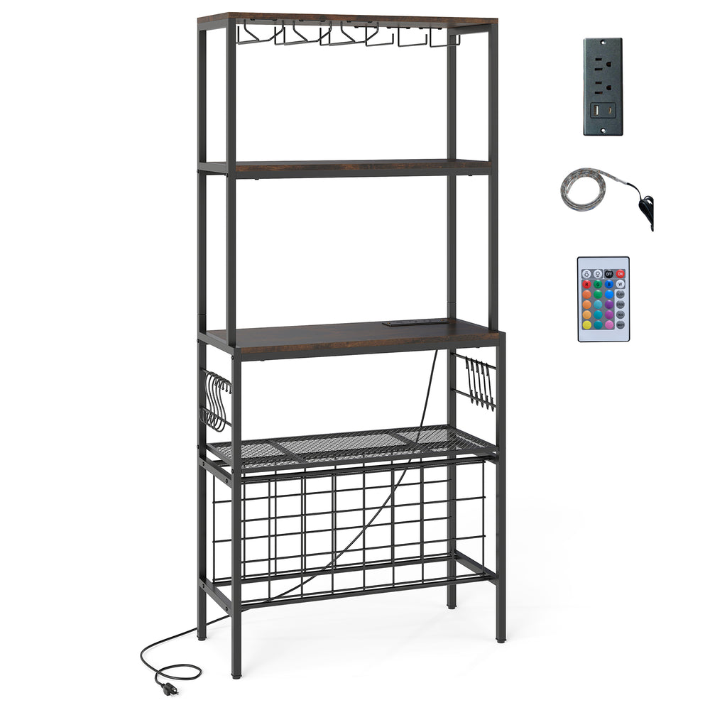 Rustic brown wine organizer featuring 4-tier shelves, 24 bottle holders, and built-in power outlet for home bar use.