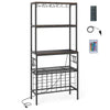 Rustic brown wine organizer featuring 4-tier shelves, 24 bottle holders, and built-in power outlet for home bar use.