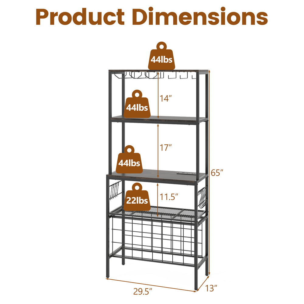 Dimensions of the rustic brown wine organizer with power outlet, featuring 4 shelves and 24 bottle holders for.