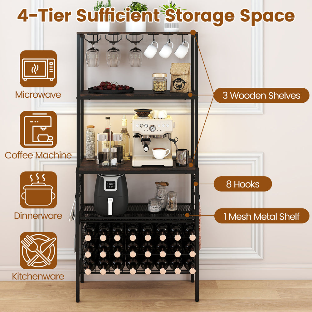 4-tier wine organizer in rustic brown with 24 bottle holders, built-in power outlet, and adjustable RGB light for home.