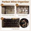 Wine organizer in rustic brown featuring 24 bottle holders, glass and mug racks, and adjustable RGB light for home bar.