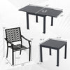 Patio rectangular aluminum table with slatted top and stackable armchairs, ideal for outdoor gatherings and flexible.