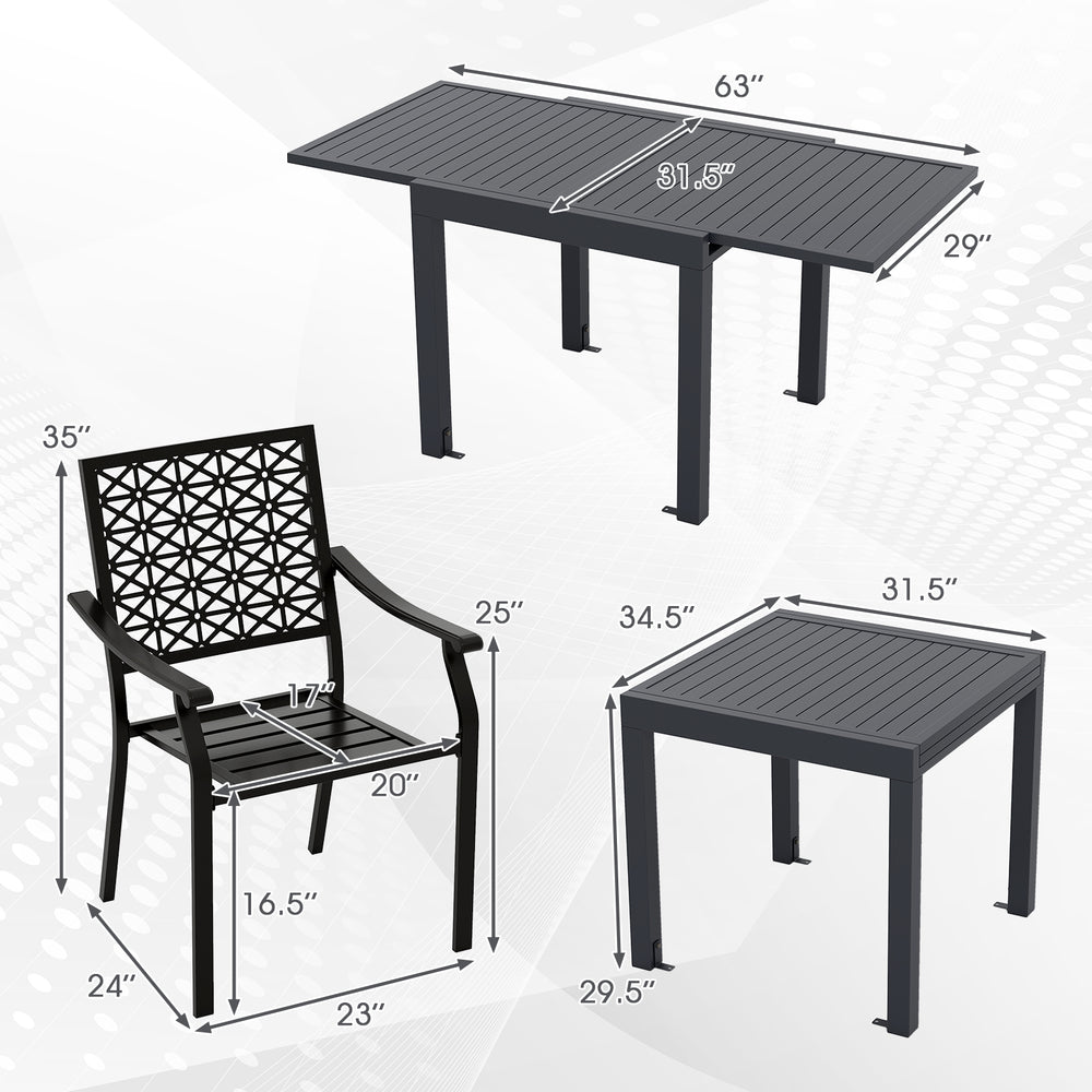 Patio rectangular aluminum table with slatted top and stackable armchairs, ideal for outdoor gatherings and flexible.