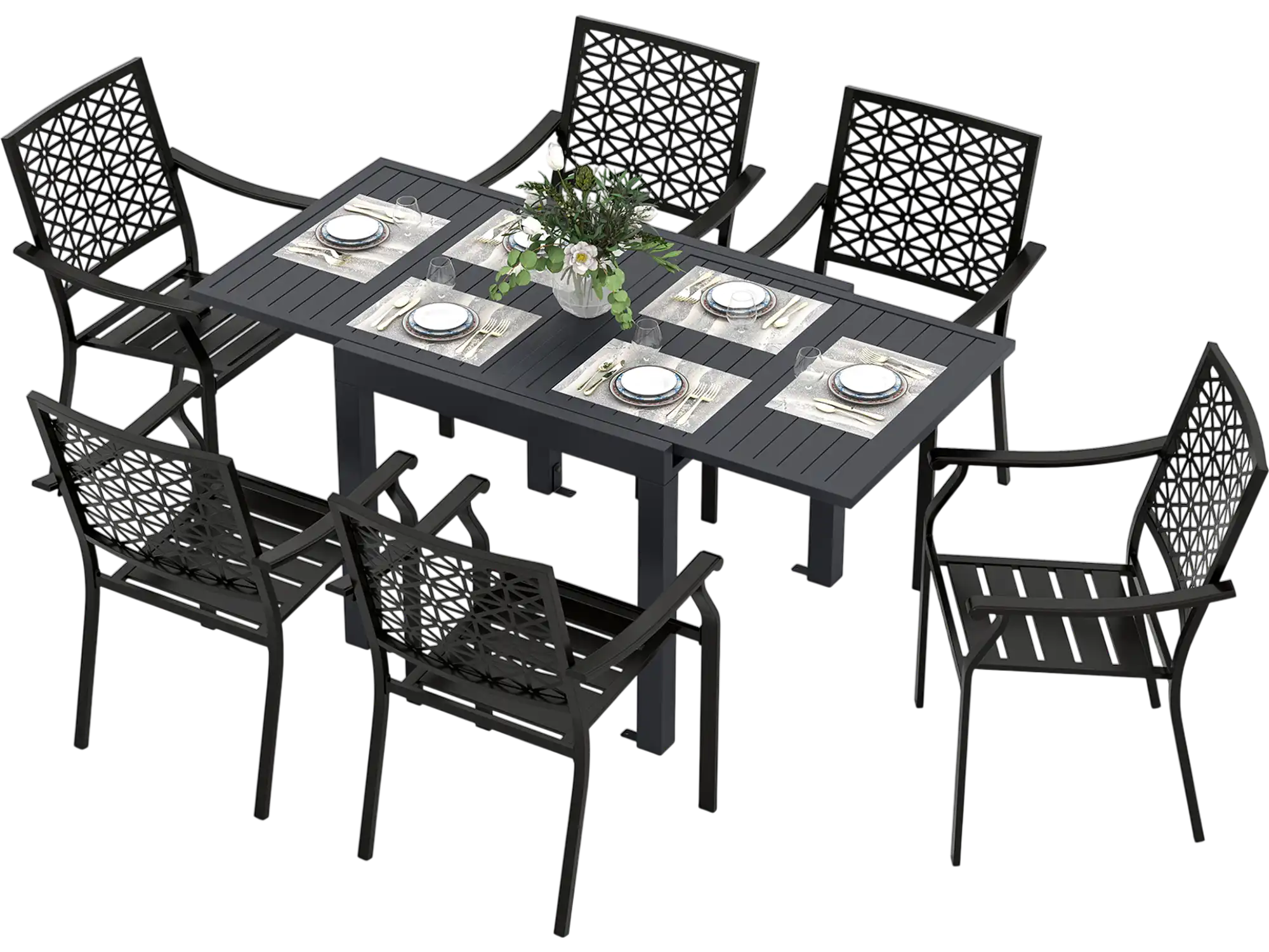 Costway 7-Pc Patio Dining Set Aluminum Rectangular Table Stackable Armchairs 74872645 New