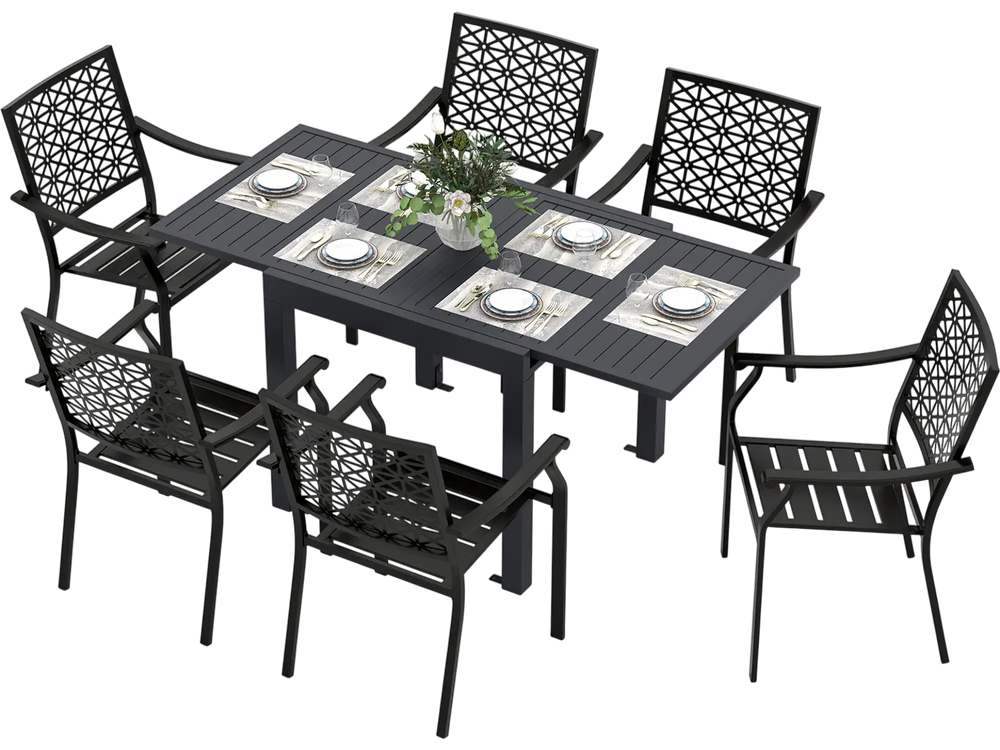 Patio Rectangular Aluminum Table and Stackable Armchairs Set with Slatted Tabletop and Seats