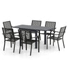 Patio rectangular aluminum table with six stackable armchairs featuring slatted seats, ideal for outdoor dining.