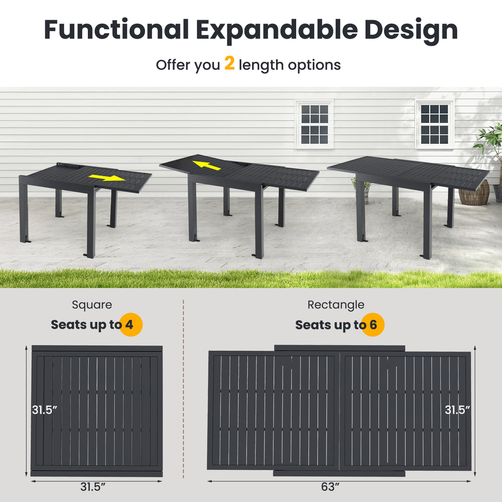 Expandable rectangular aluminum table with slatted tabletop, seats up to 6, ideal for outdoor patio gatherings.