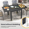 Patio rectangular aluminum table with slatted tabletop and stackable armchairs, ideal for outdoor dining and gatherings.