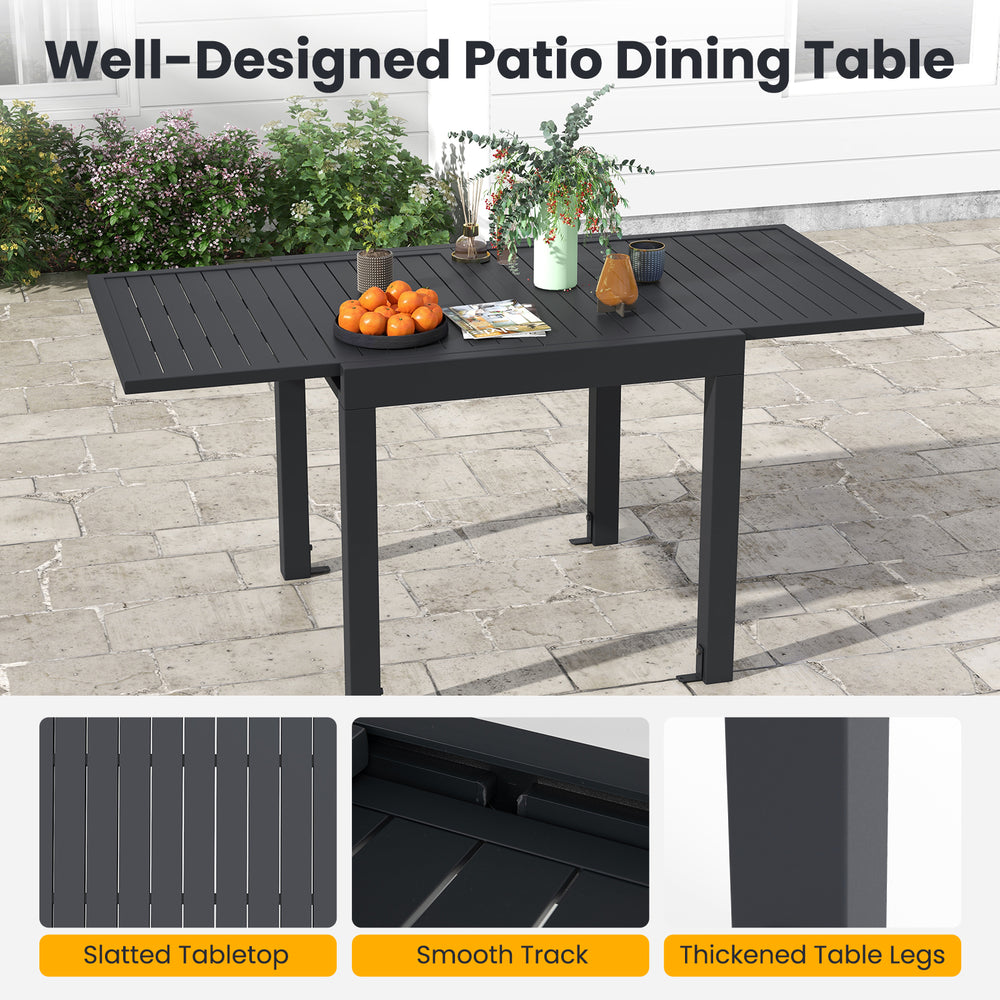 Patio rectangular aluminum dining table with slatted tabletop, expandable length, perfect for outdoor gatherings.