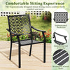 Stackable armchair with elegant backrest pattern, breathable slatted seat, ideal for patio and outdoor dining.