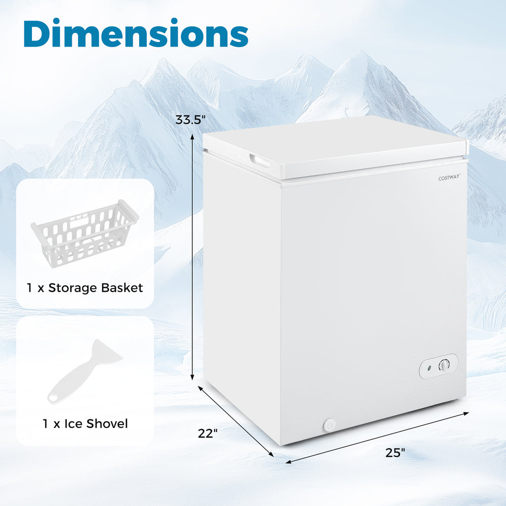 Compact chest freezer dimensions: 33.5" high, 25" wide, 22" deep, perfect for efficient storage in small spaces.