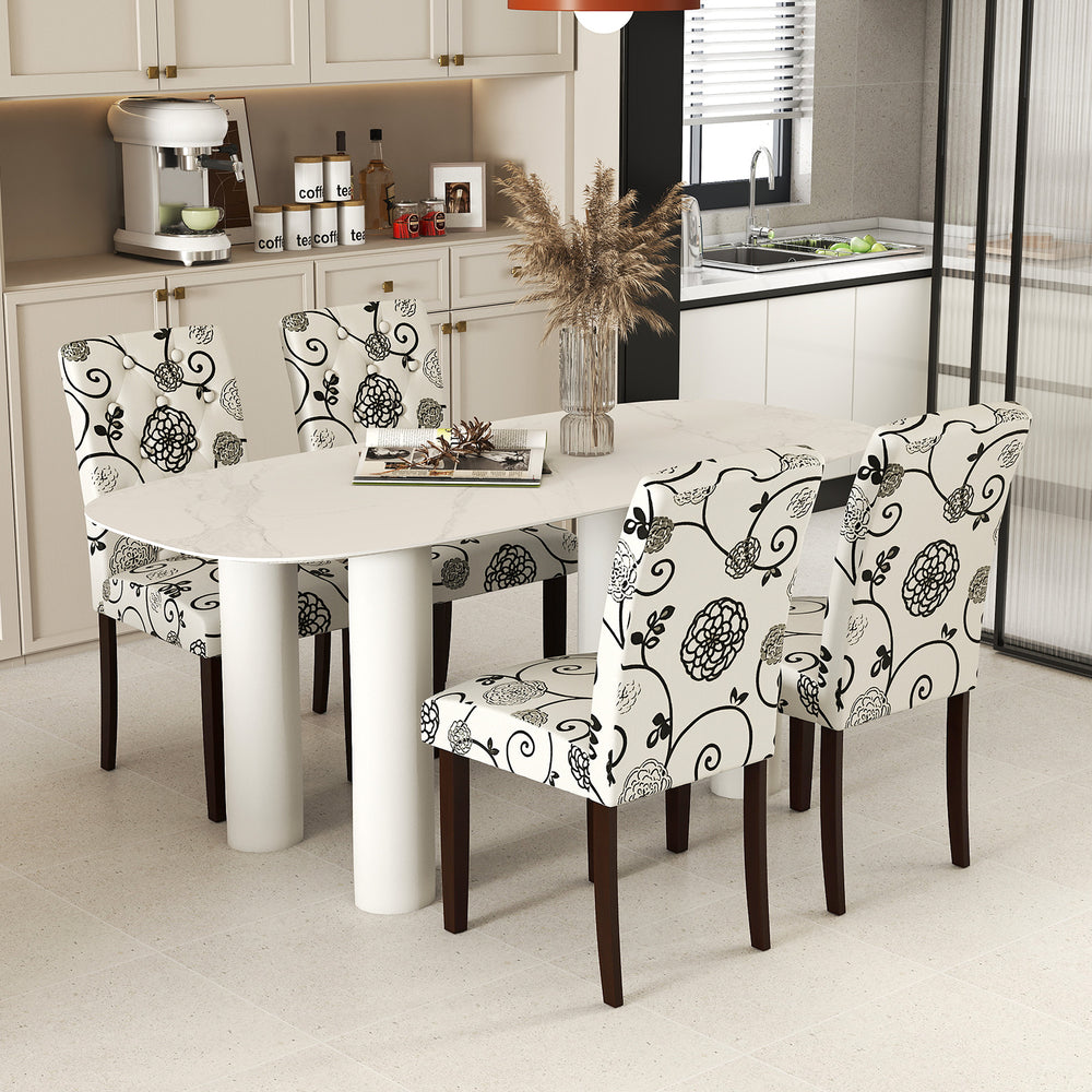 Button tufted beige dining chairs with floral design, featuring rubber wood legs, for elegant dining spaces.