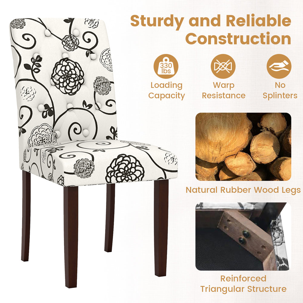 Button tufted beige dining chair with floral design, rubber wood legs, and reinforced structure for comfort and.