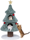 Christmas cat tree featuring a green plush design, two condos, and a scratching post for indoor cats, 48.5 inches tall.