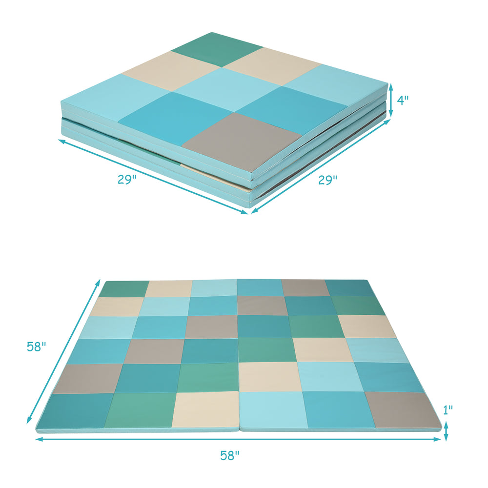 Folding baby play mat in blue and beige, 58" x 58", with waterproof PU surface for safe play and easy cleaning.