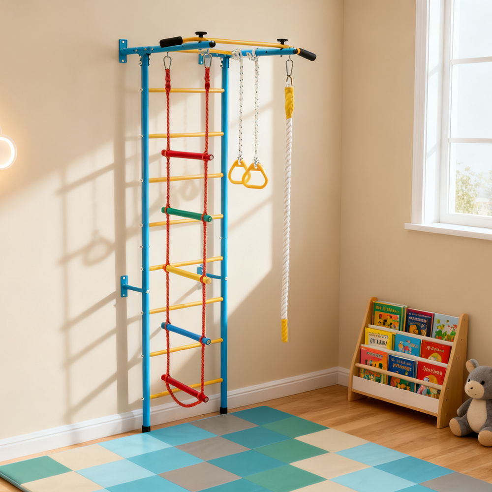 5-in-1 Swedish ladder with pull-up bar, gymnastic rings, and rope, designed for wall installation in play areas.