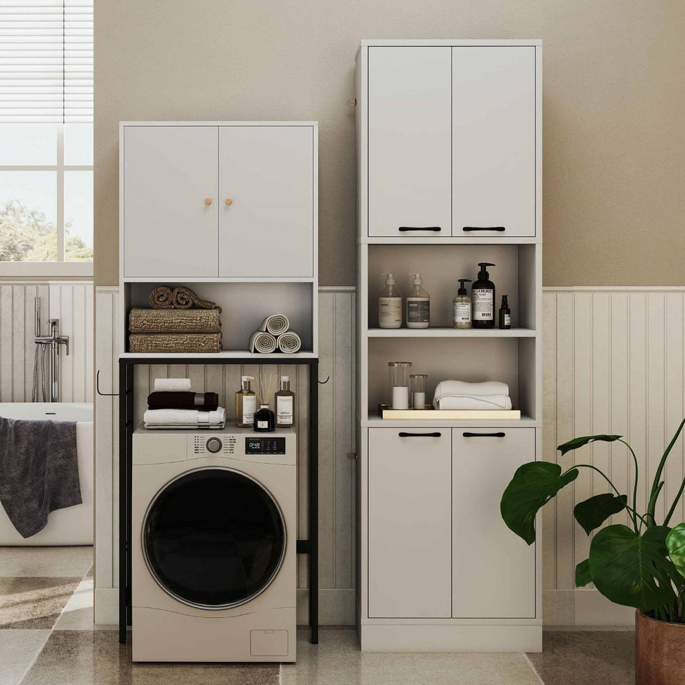 Laundry room storage set featuring a wall-mounted cabinet, floor cabinet, and towel warmer rack for versatile.
