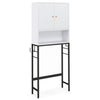 White laundry storage cabinet with doors and hooks, made of MDF and metal, ideal for bathroom or kitchen organization.