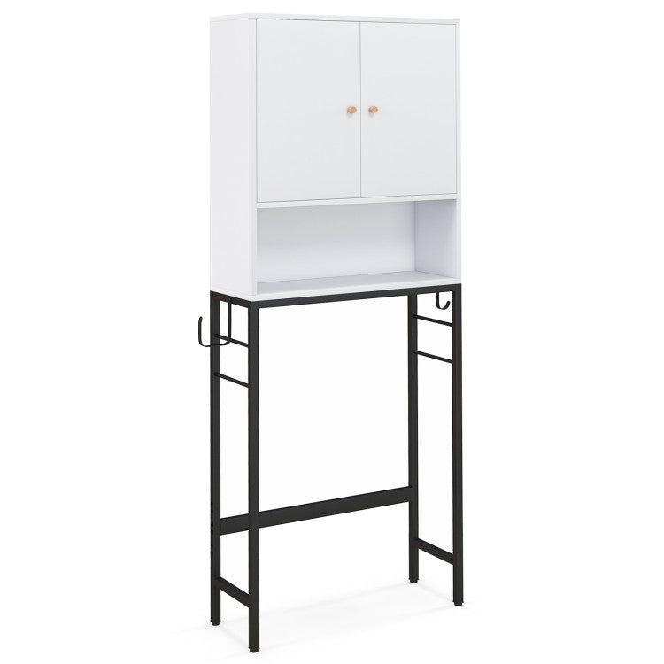 White laundry storage cabinet with doors and hooks, made of MDF and metal, ideal for bathroom or kitchen organization.