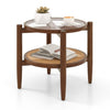 Side table with tempered glass top and rattan lower shelf, perfect for living room display and storage.