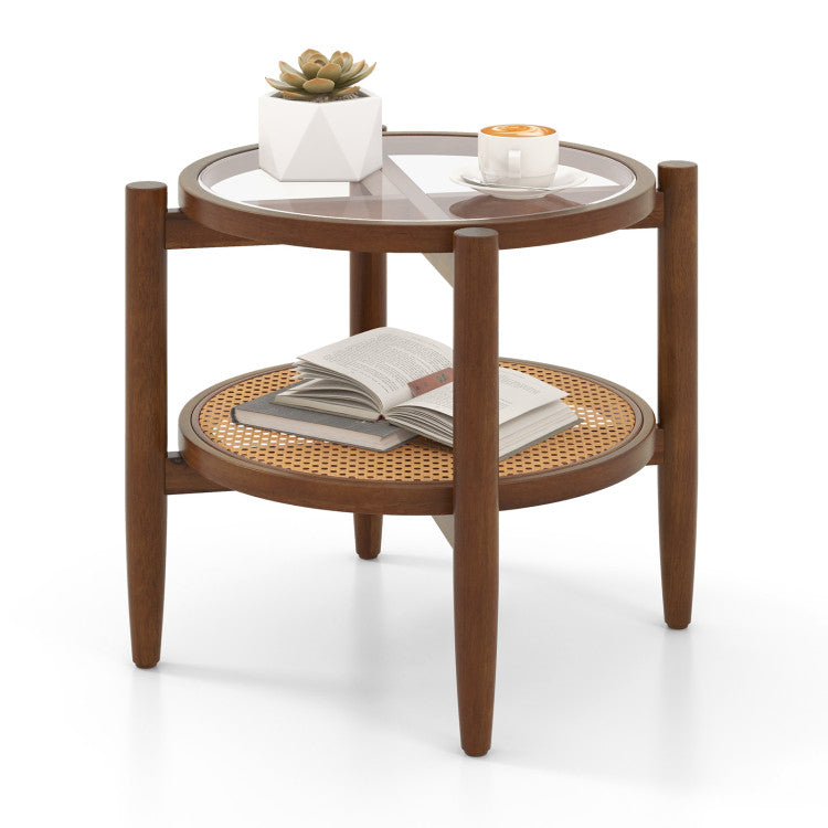 Side table with tempered glass top and rattan lower shelf, perfect for living room display and storage.