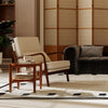 Single chair from the 3 Piece Rattan and Wood Living Room Set, featuring a light fabric seat and wooden frame for.