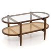 Coffee table with tempered glass top and rattan lower shelf, part of a 3-piece wood living room set for stylish storage.
